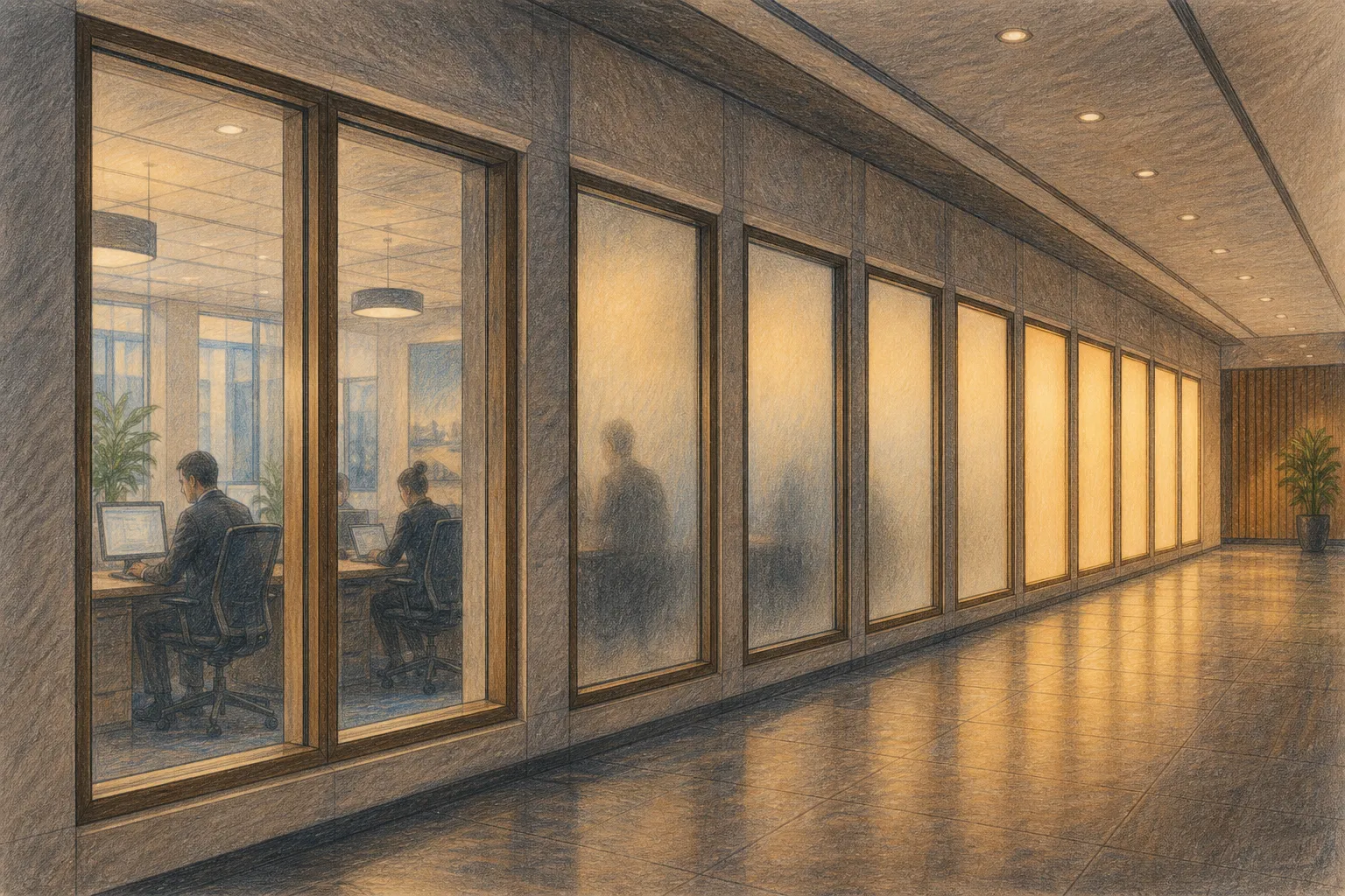 Office hallway with windows that gradually shift from clear glass showing people working inside to frosted opaque panels glowing with warm light.